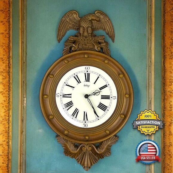 VINTAGE 1960's Burwood 4305 Large American Eagle Wall Clock 22” Faux Wood WORKS! - Picture 1 of 16